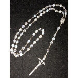 Vintage  28”Long Italy Silver Plated Rosary With Crystal Aurora Borealis Beads